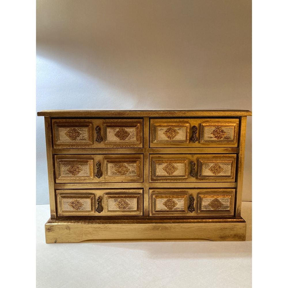 Vintage Gold Wooden 6 Drawer Jewelry Box Chest Red Velvet Lined Musical